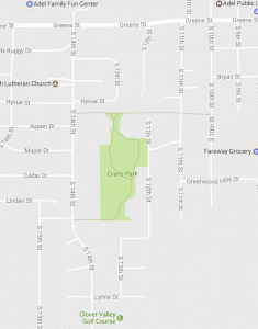 Google maps pinned location of Evans Park in Adel, Iowa