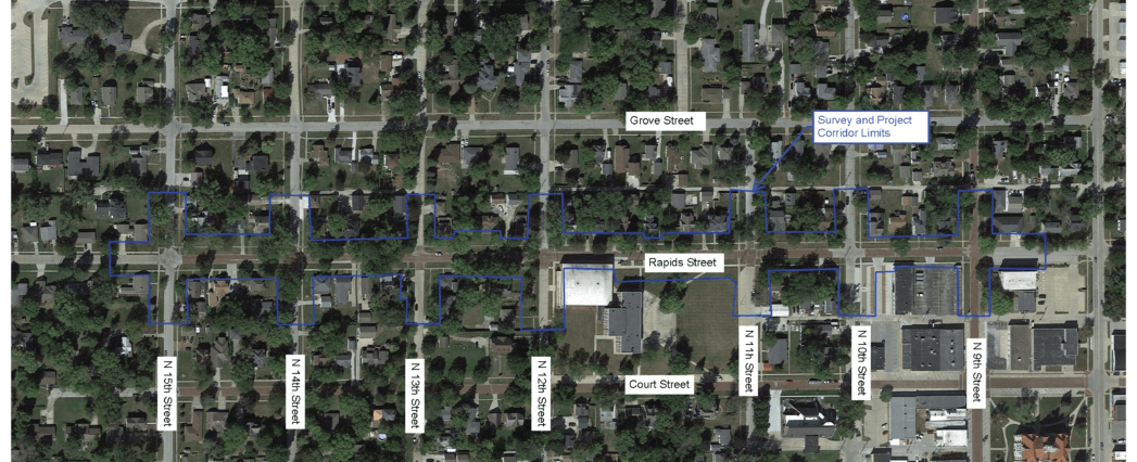 Map of topographic and boundary survey work along Rapids Street from North 9th to North 15th Streets.